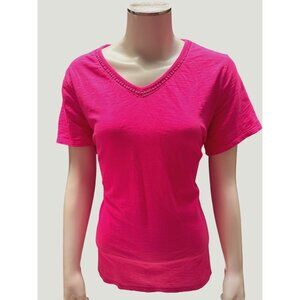 Coldwater Creek Womens V-Neck Tee All Cotton Size L Made In India Hot Pink